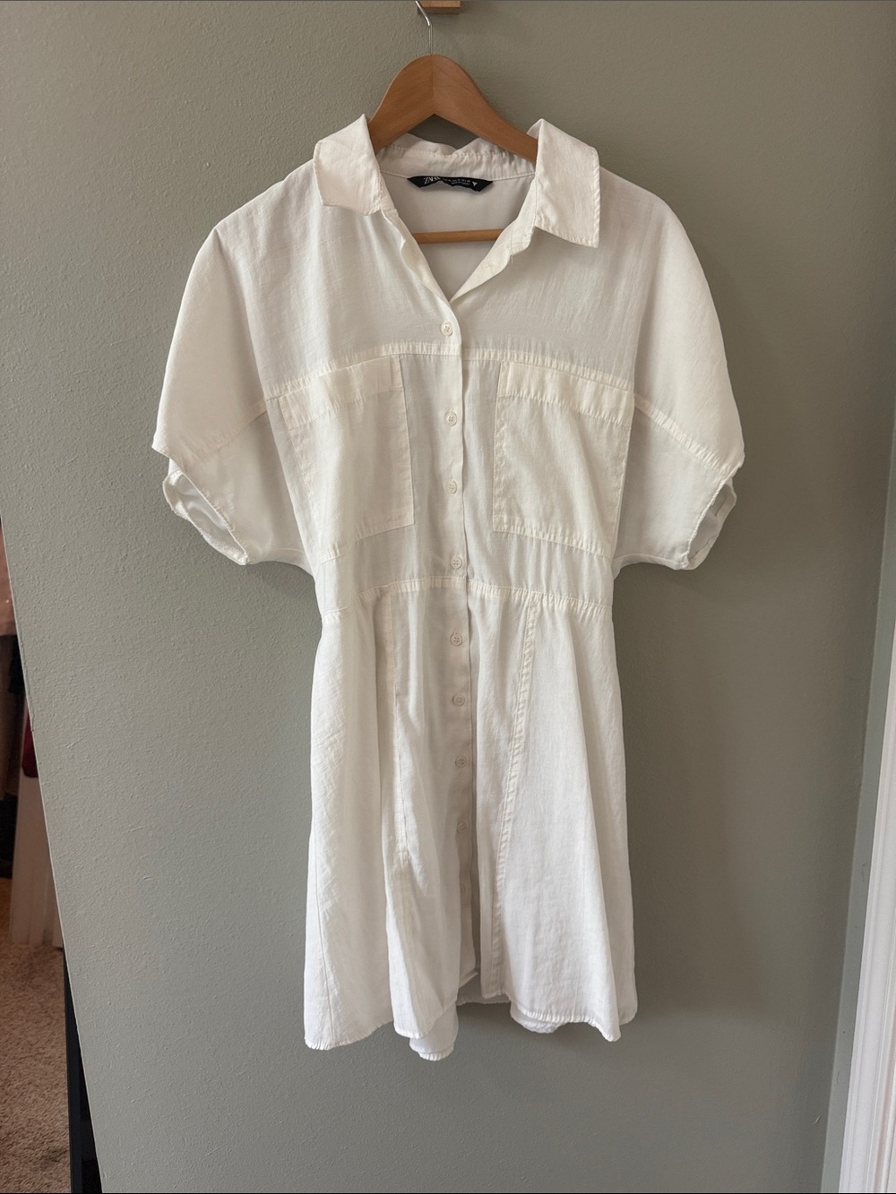 Zara White Button-Front Short Sleeve Shirt Dress